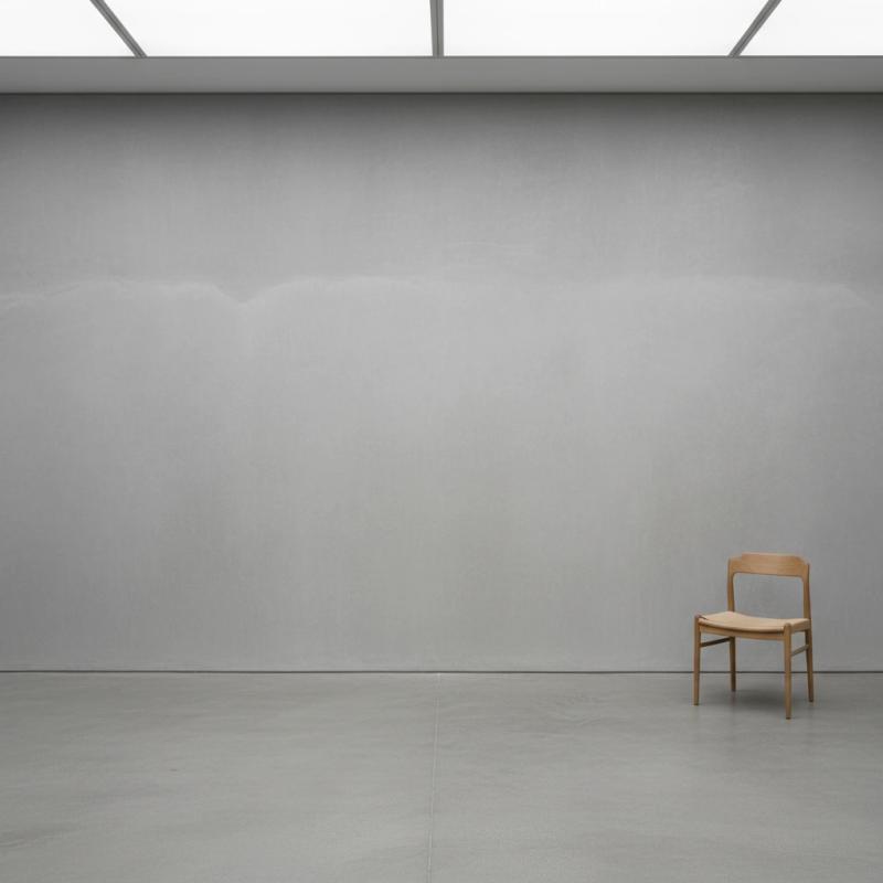 Minimalist gallery with a single wooden chair