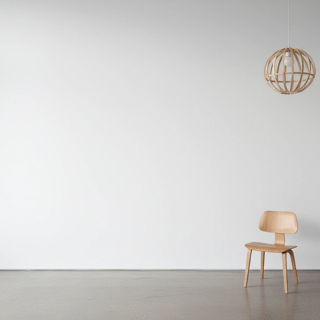 Wall art mockup: Minimalist gallery with a wooden chair and pendant light, with lamps and a chandelier