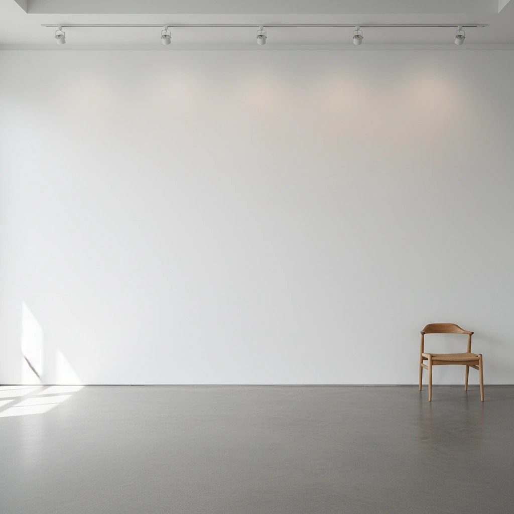 Wall art mockup: Minimalist gallery space with a wooden chair