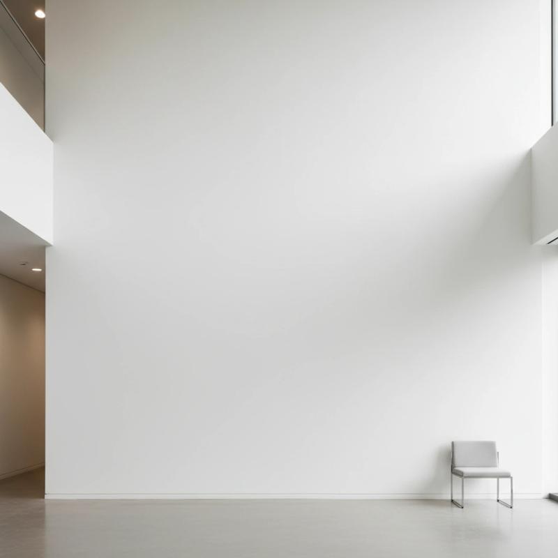 Minimalist white-cube gallery space with a single chair