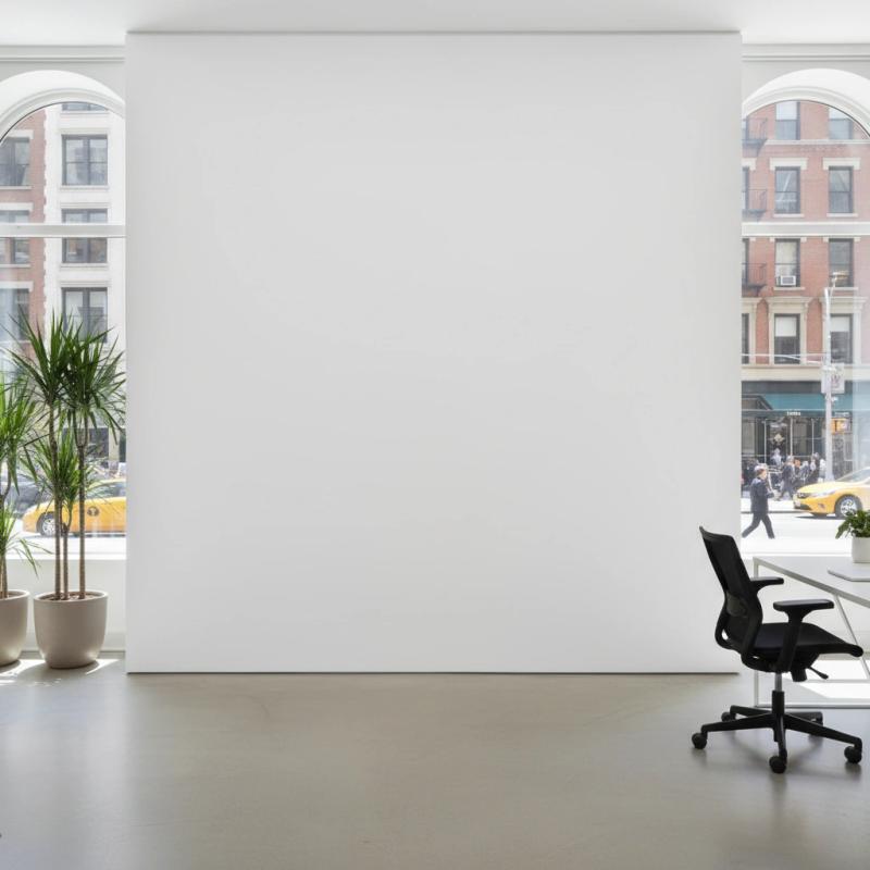White-cube gallery with an office chair and plants
