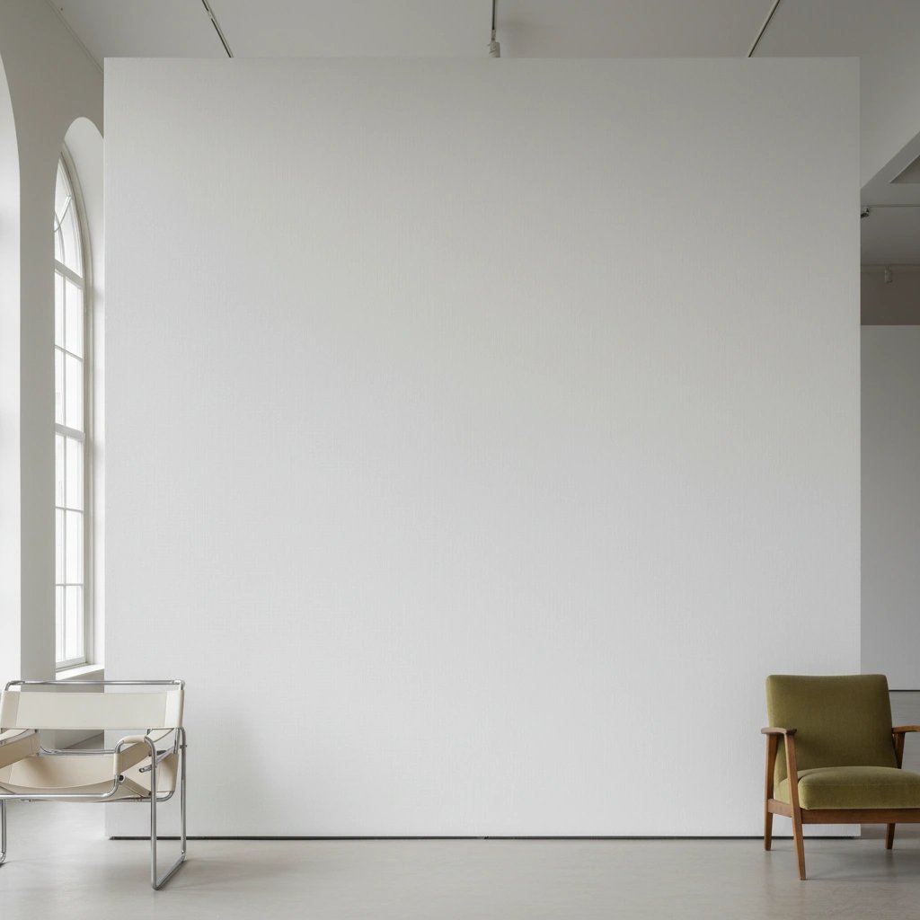 Wall art mockup: Minimalist gallery space with two chairs