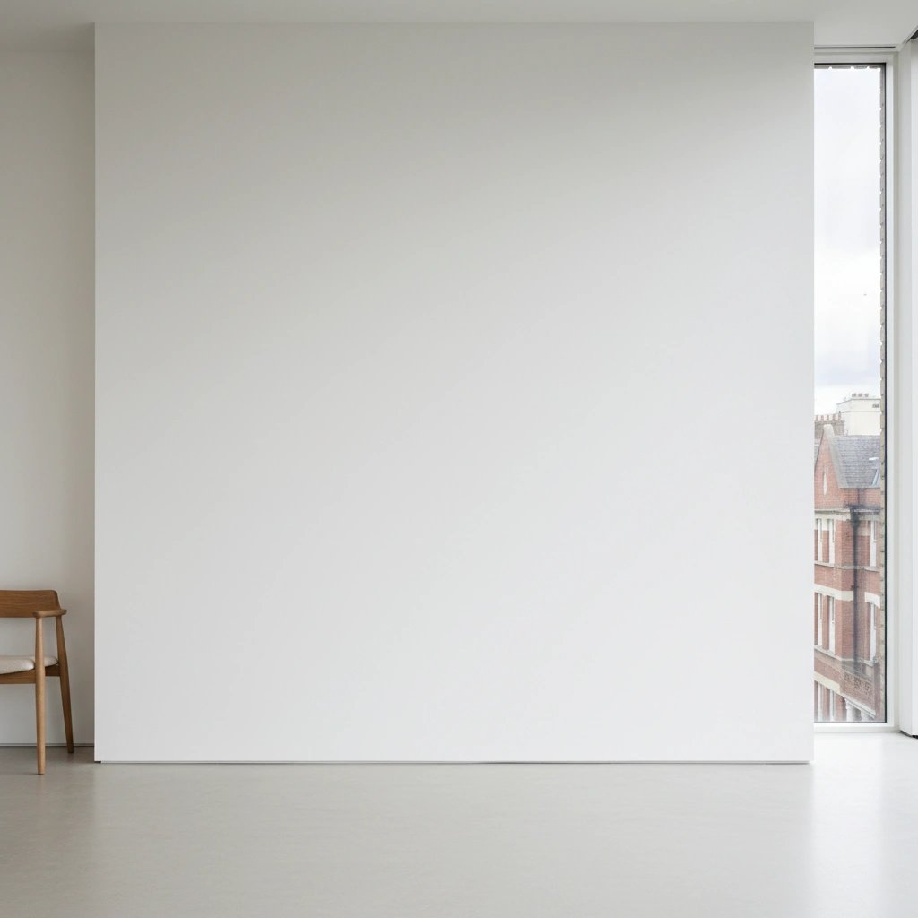 Wall art mockup: Minimalist gallery with a white wall and a wooden chair