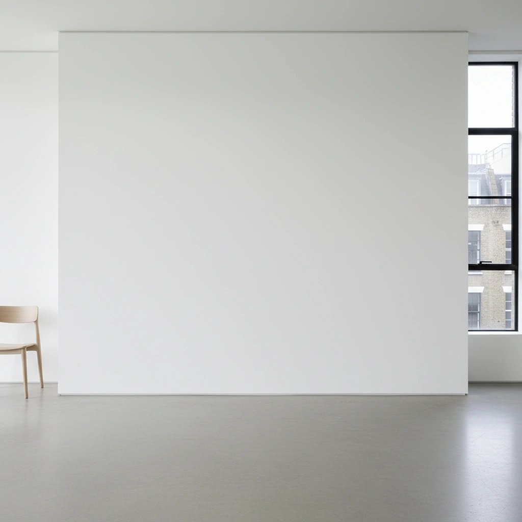 Wall art mockup: Minimalist gallery with a large window and wooden chair
