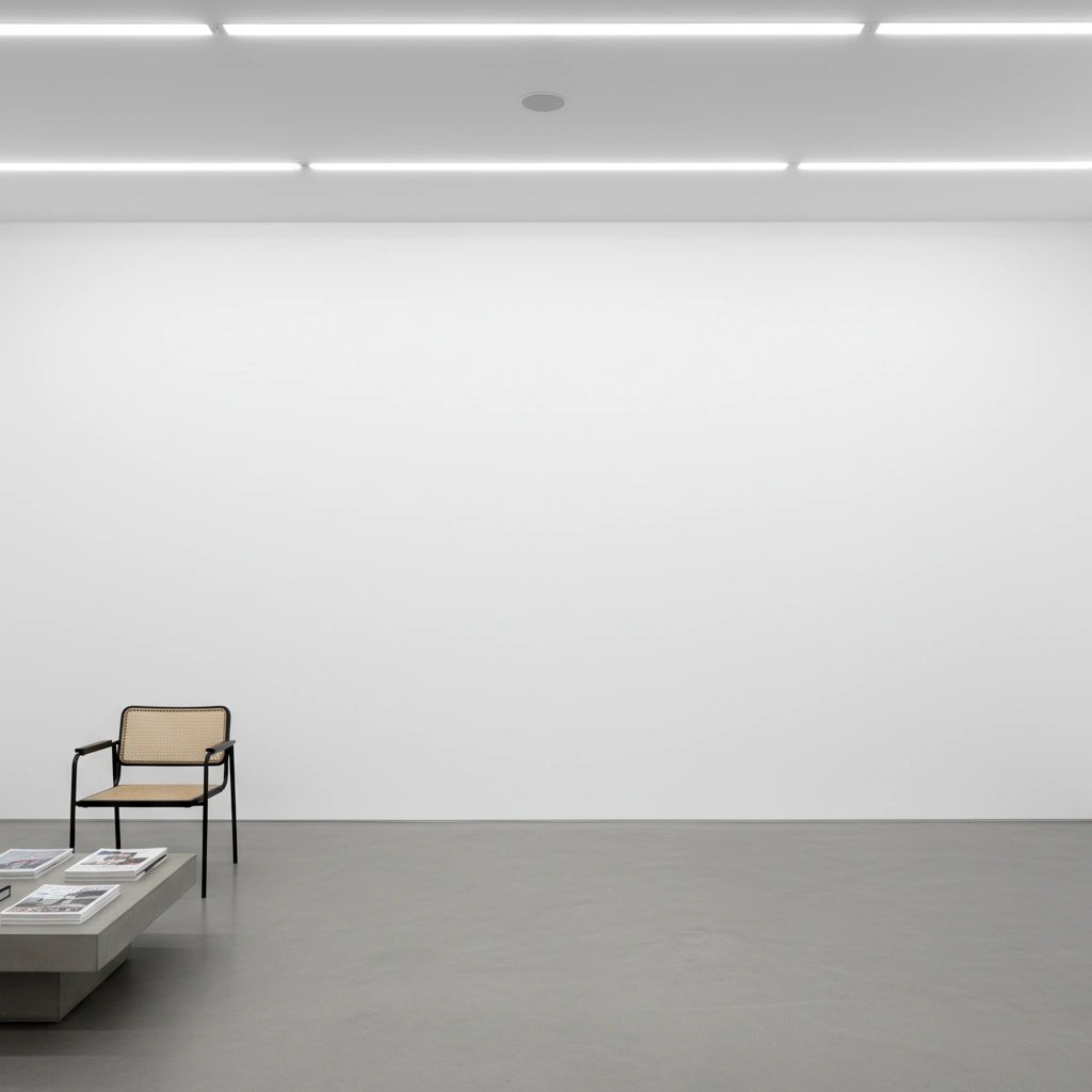 Wall art mockup: Minimalist gallery with a cane chair and coffee table, with a coffee table