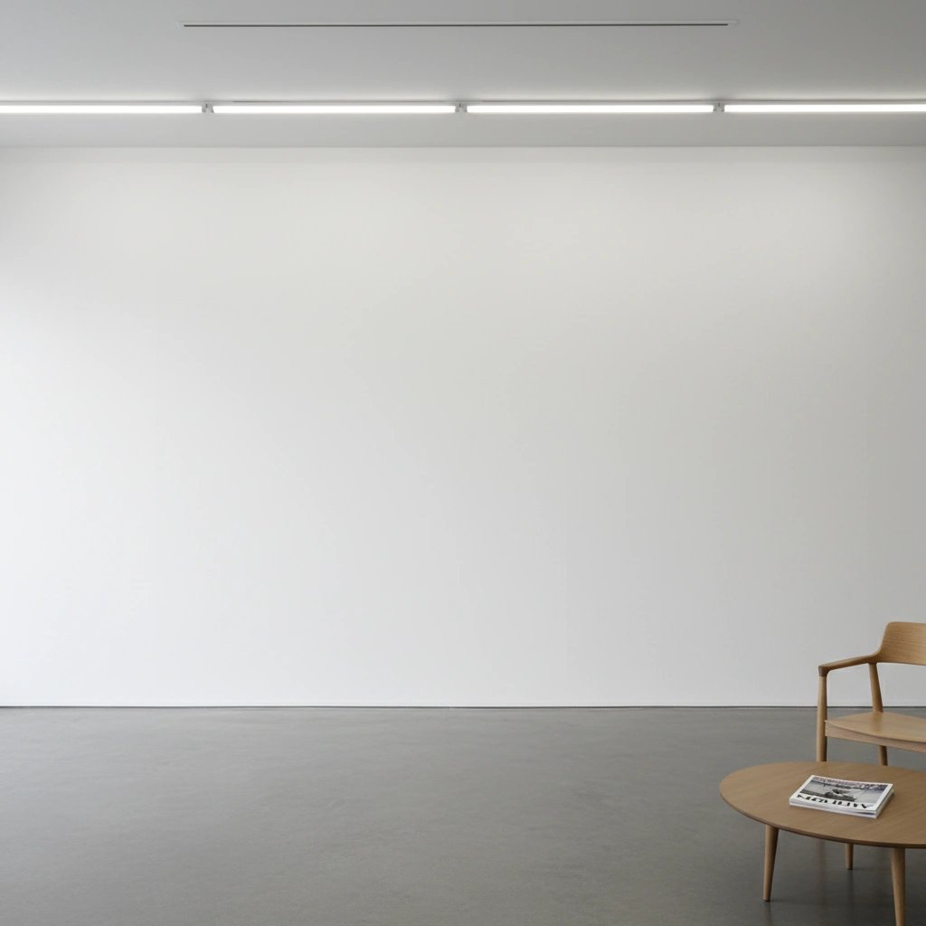 Wall art mockup: Minimalist gallery with a wooden coffee table and chair, with a coffee table
