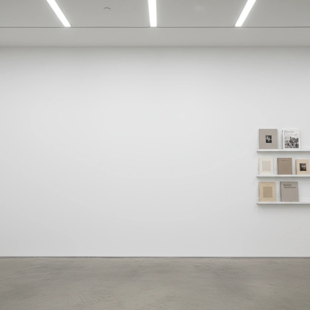 Wall art mockup: Bright white gallery with concrete floor and display shelves