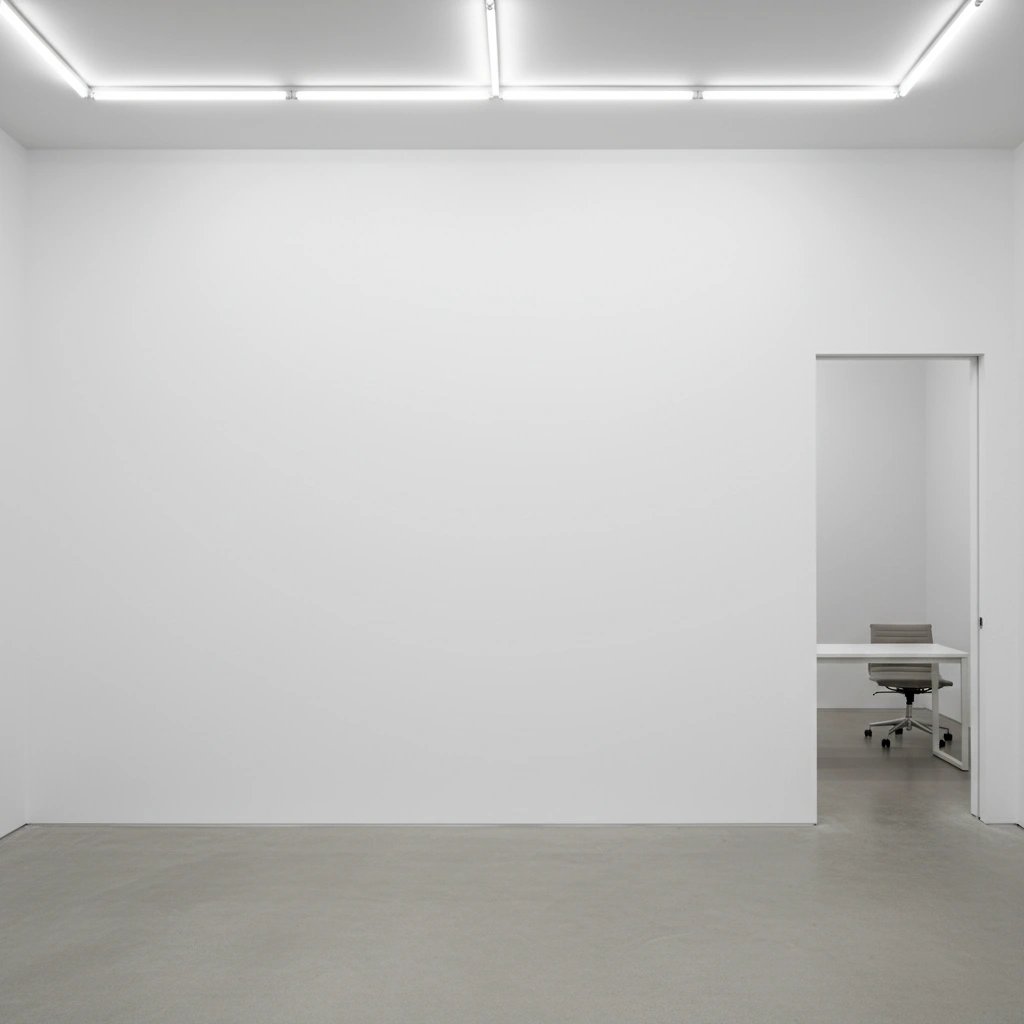Wall art mockup: Minimalist gallery with linear lights and an office area, with lamps