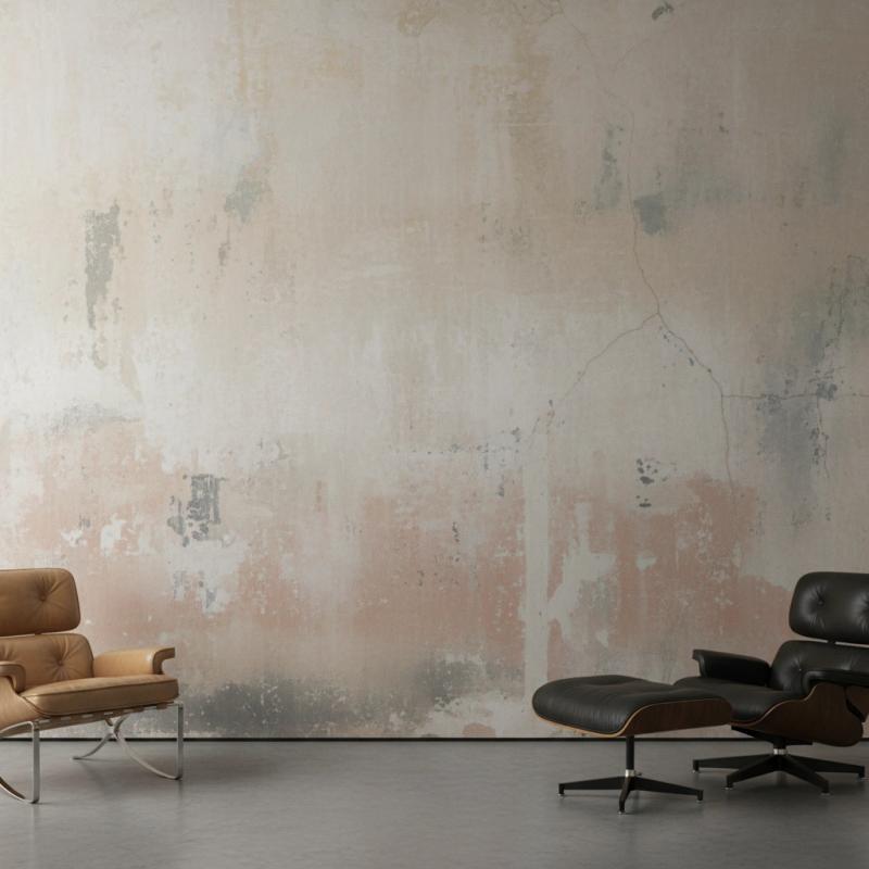 Eclectic room with distressed wall and two modern chairs