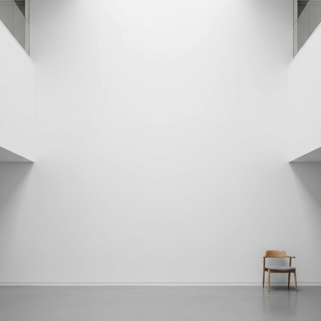 Wall art mockup: Bright gallery space with a simple wooden chair