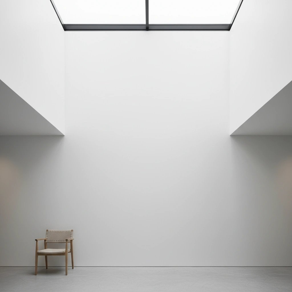 Wall art mockup: Minimalist gallery space with a skylight and chair