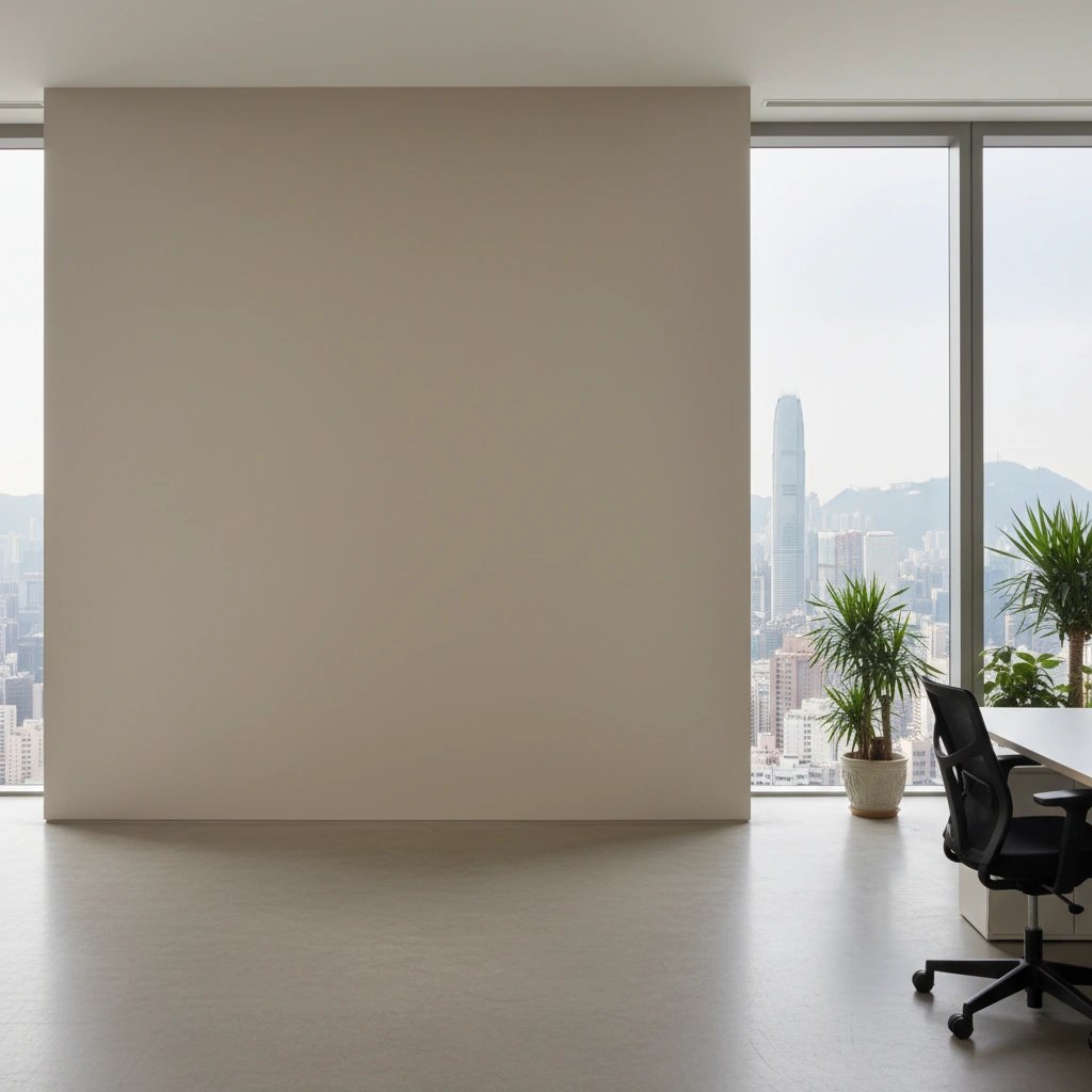 Wall art mockup: Minimalist gallery with a plain wall and city views, with plants