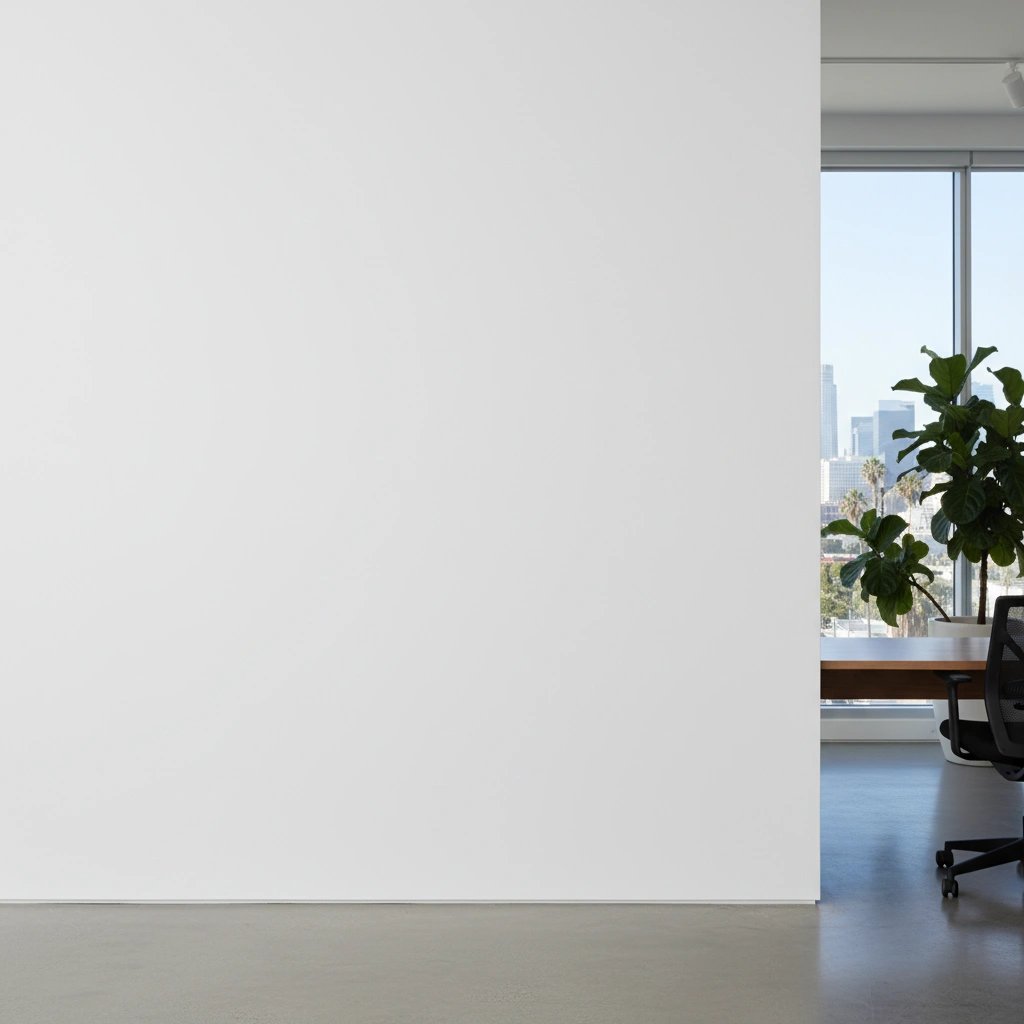 Wall art mockup: Bright gallery with a white wall and city views, with plants