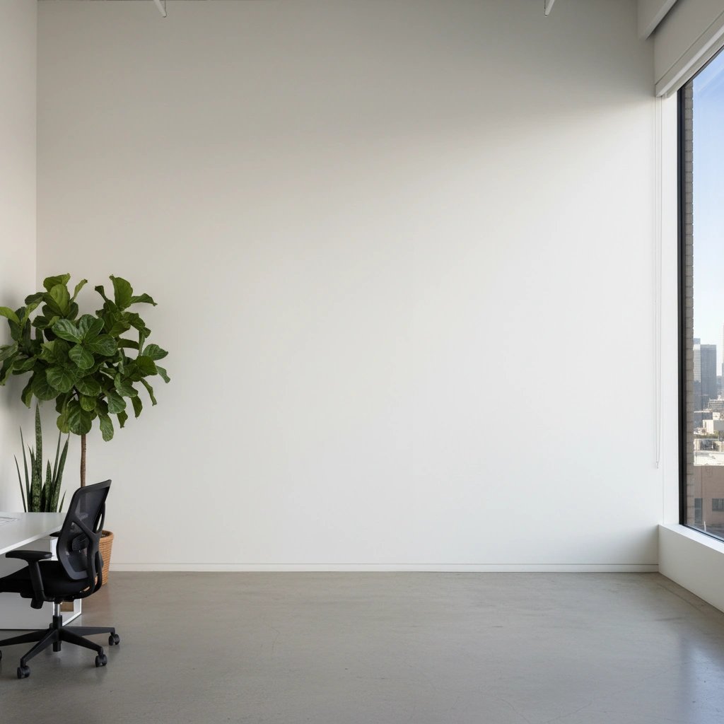 Wall art mockup: Bright white-cube gallery with a houseplant and city view, with plants