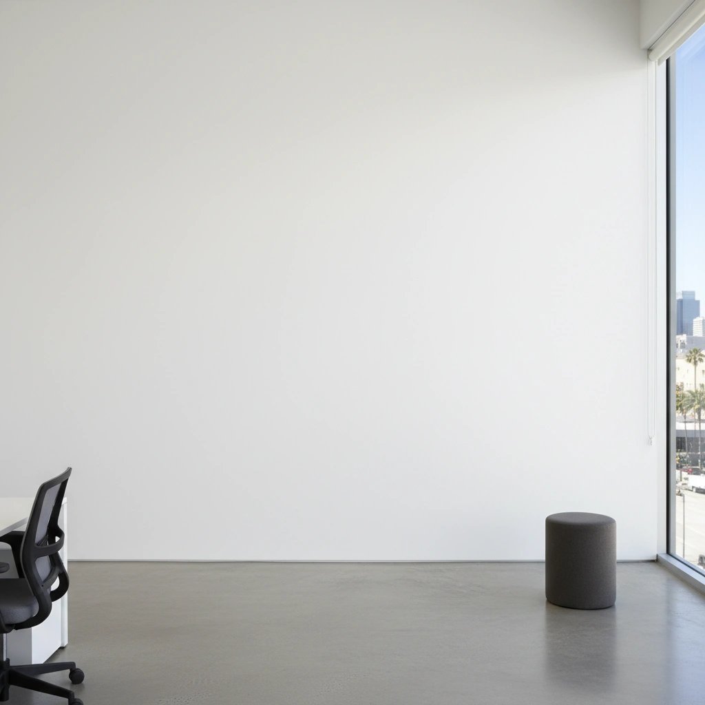Wall art mockup: Minimalist gallery with a desk chair and city views