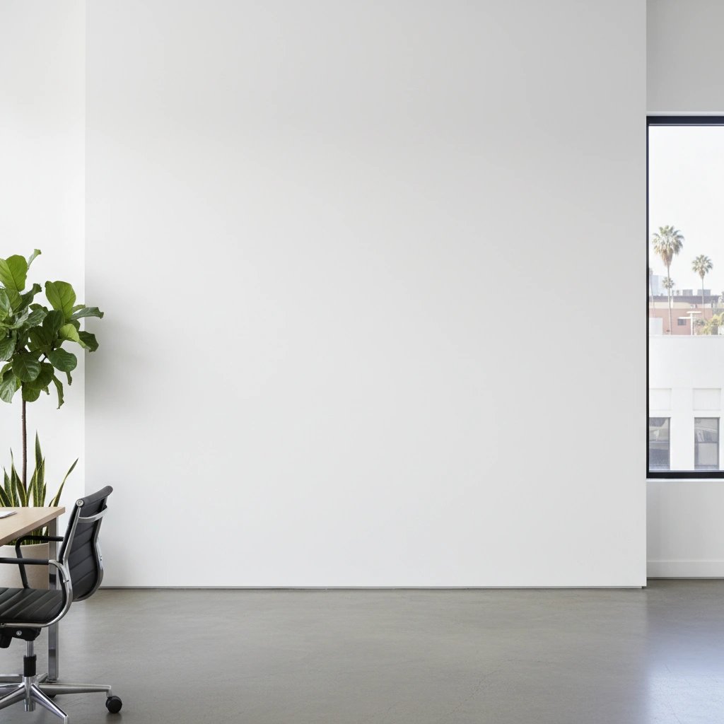Wall art mockup: Spacious white gallery with a desk and plants, with plants