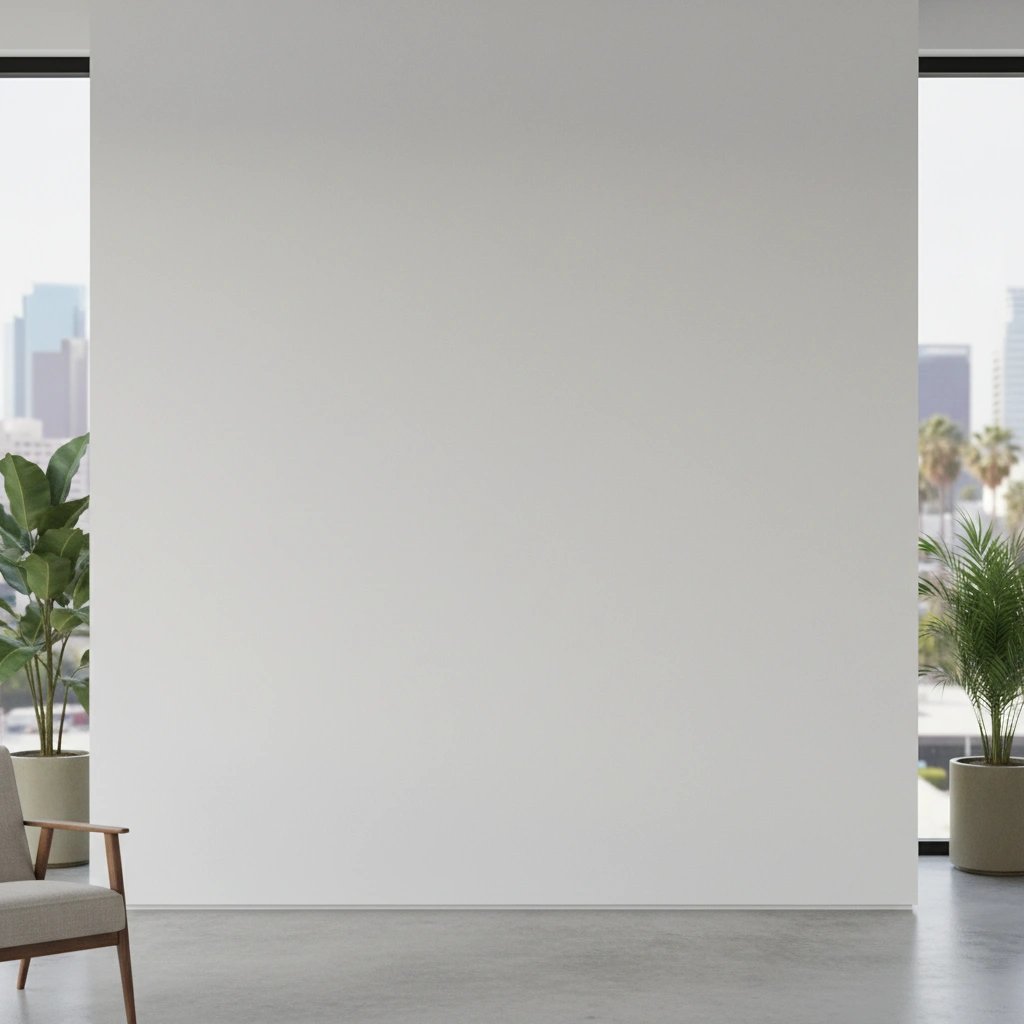 Wall art mockup: Bright gallery with city views and houseplants, with plants