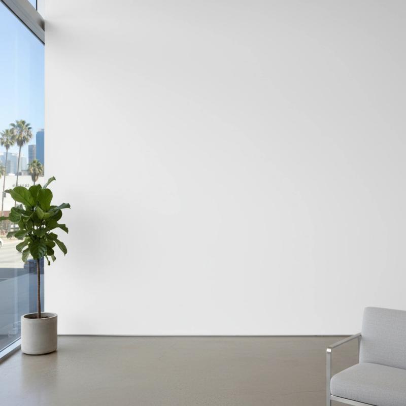 Minimalist gallery with a plant and armchair