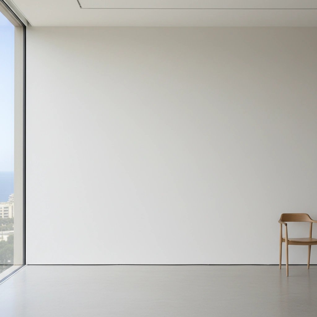 Wall art mockup: Bright modern gallery with a sea view and a chair