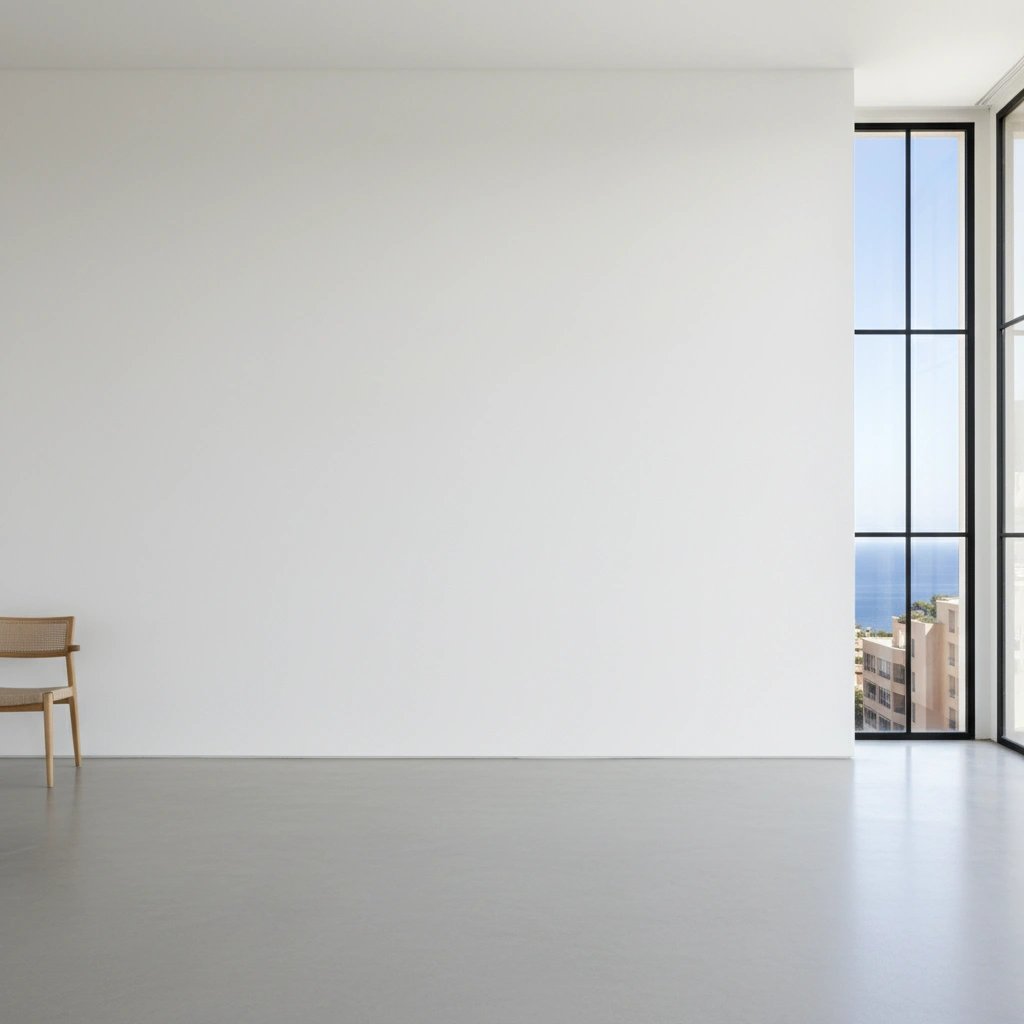 Wall art mockup: Minimalist white-cube gallery with a sea view and a wooden chair