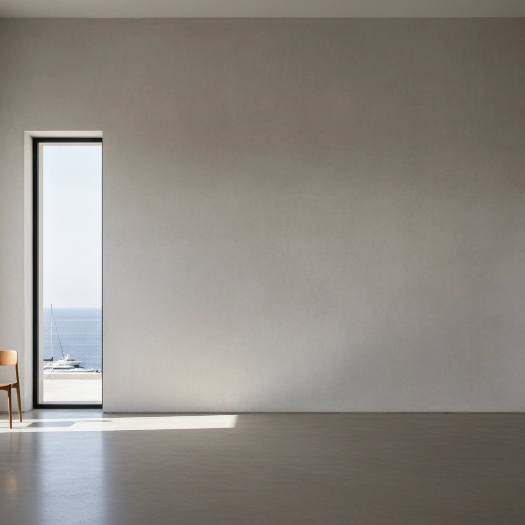 Wall art mockup: Minimalist gallery with a chair and sea view