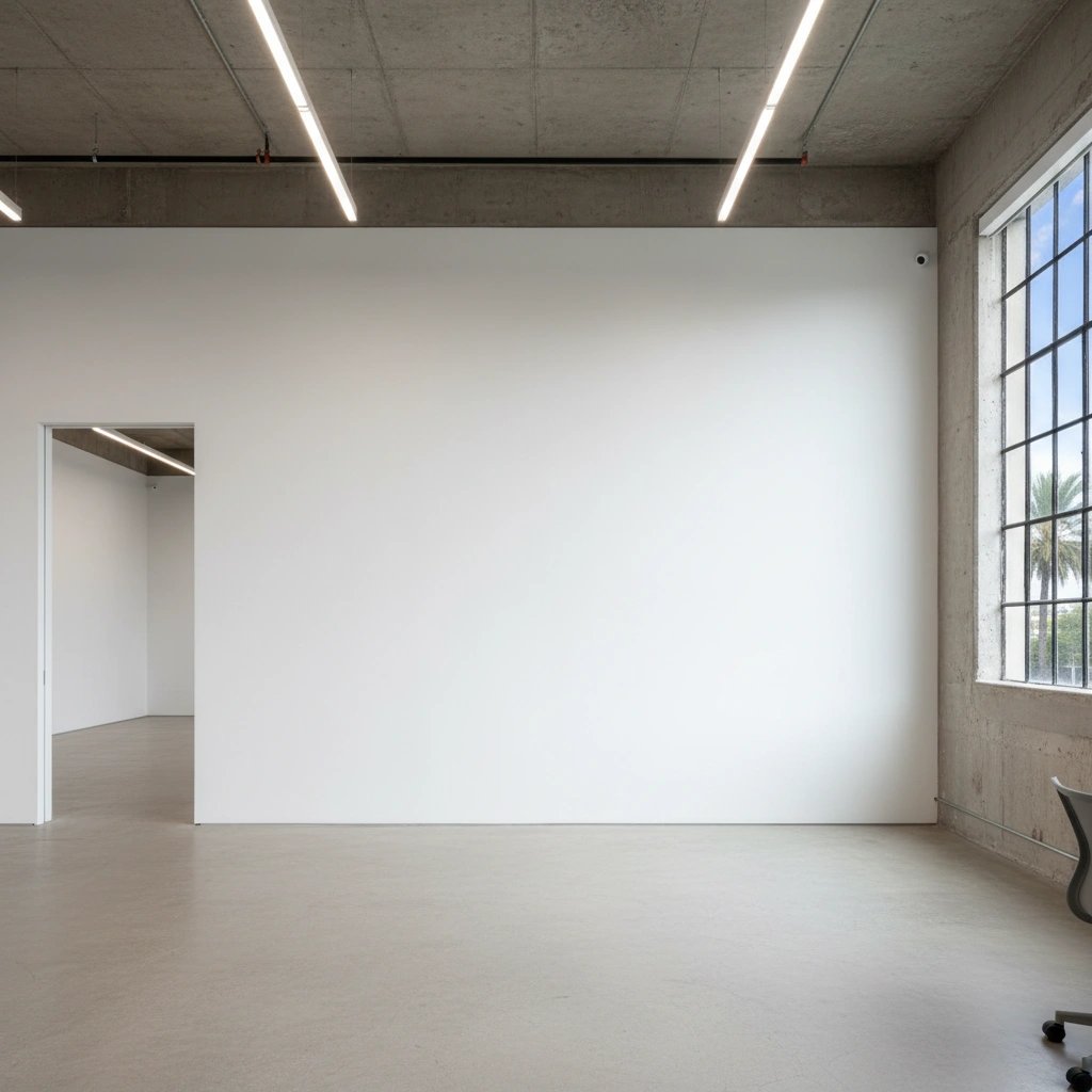Wall art mockup: Bright gallery with white walls, concrete ceiling and window, with lamps