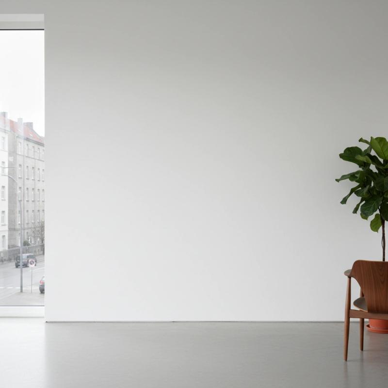 Minimalist gallery with a large window and plant