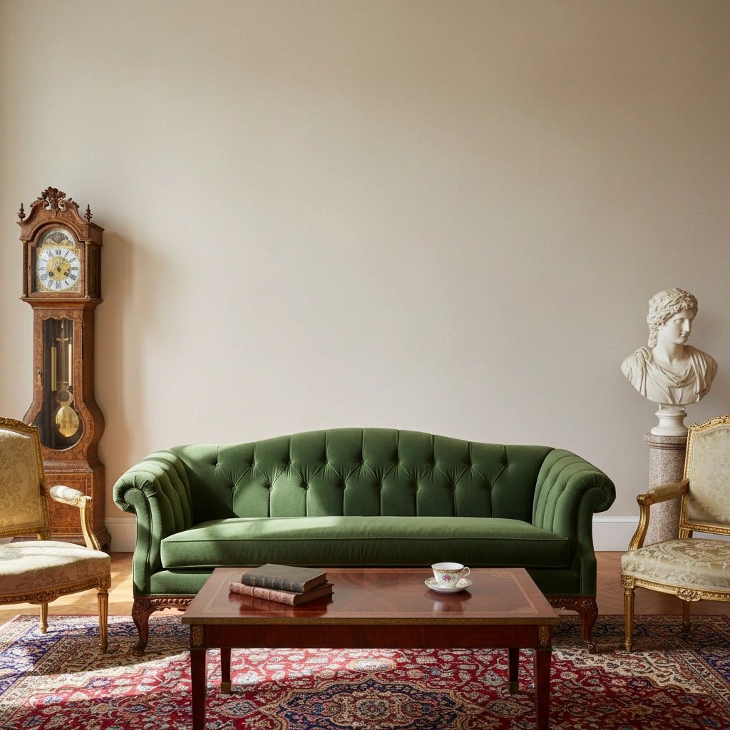 Wall art mockup: Grand living room with antique furniture and plain walls, with a sofa and a coffee table