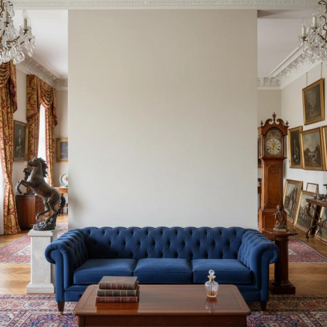 Grand period room with blue sofa and chandeliers