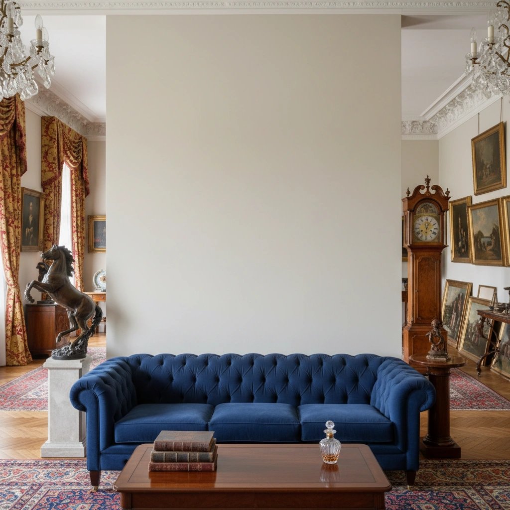 Wall art mockup: Grand period room with blue sofa and chandeliers, with a sofa and a chandelier