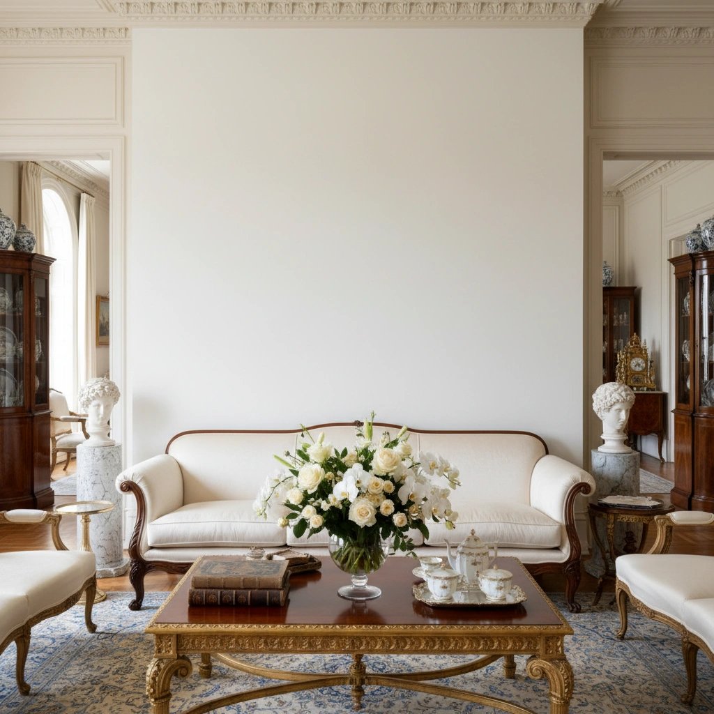 Wall art mockup: Grand living room with a white wall and antiques, with a sofa