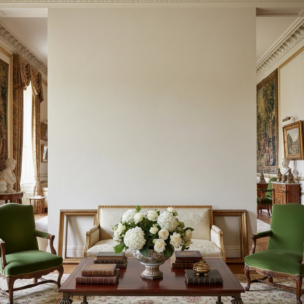 Wall art mockup: Grand drawing room with a large plain wall, with a sofa