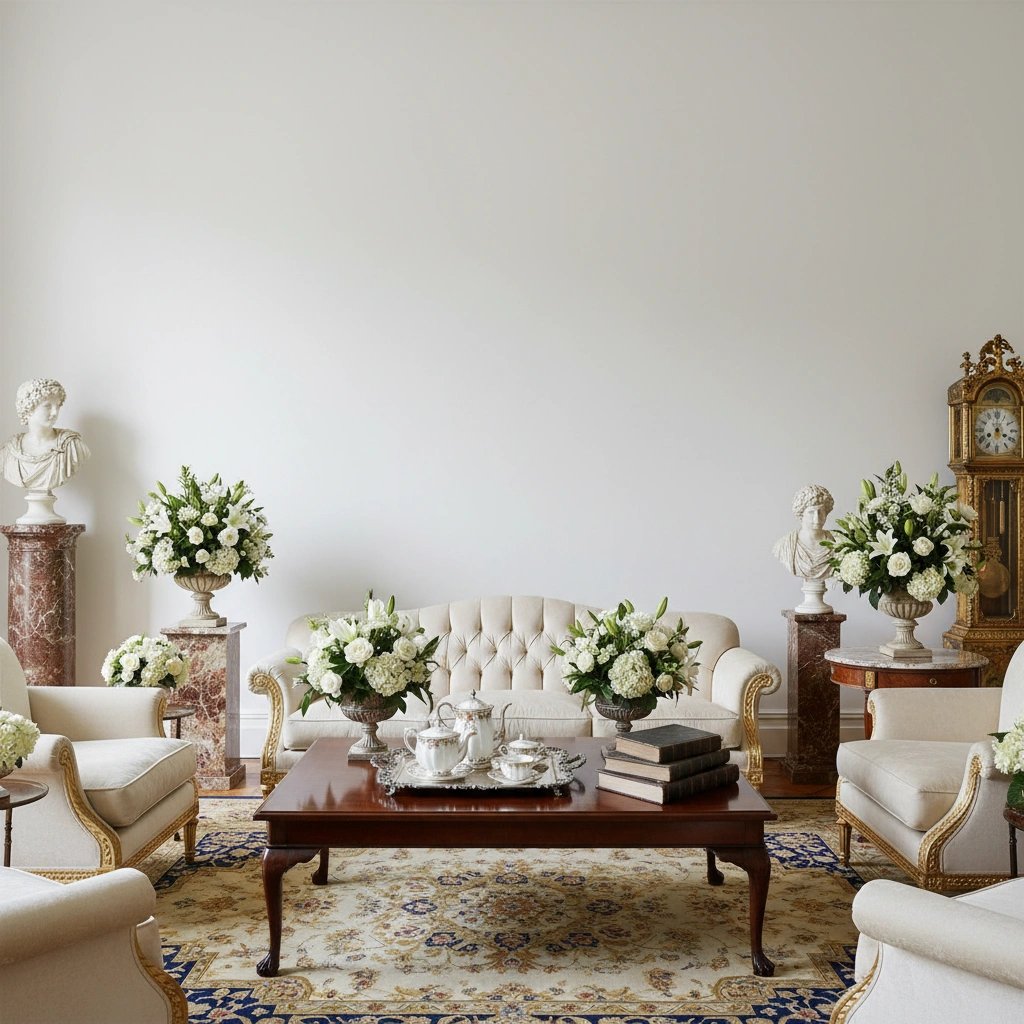 Wall art mockup: Grand living room with classical busts and white walls, with a sofa