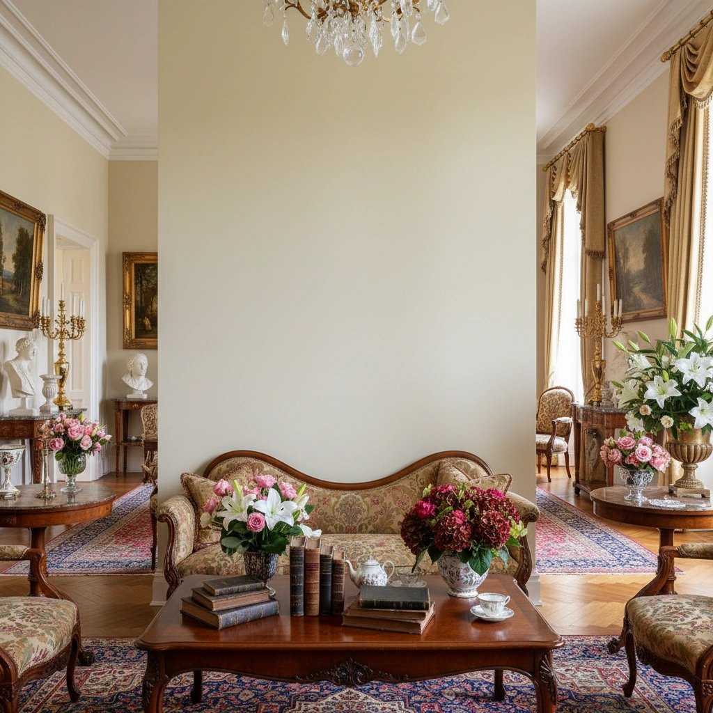 Wall art mockup: Grand living room with traditional furnishings and chandelier, with a sofa, lamps and a chandelier