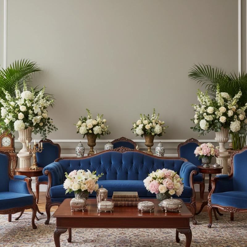 Grand living room with a blue velvet sofa and armchairs