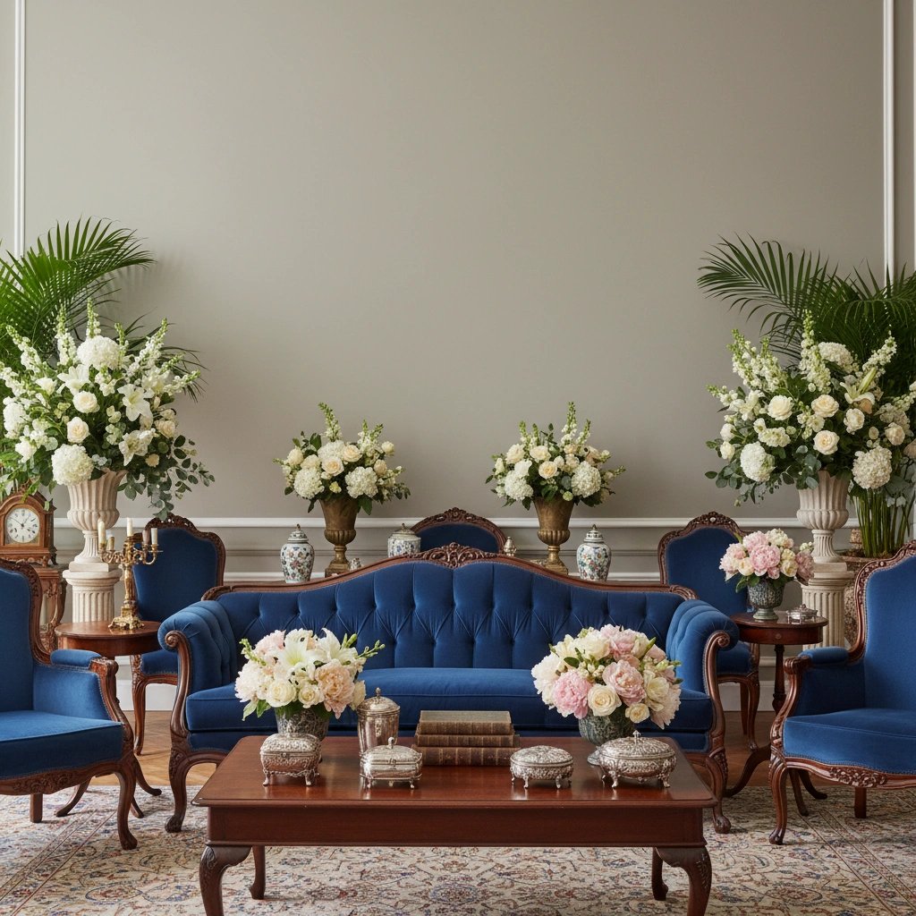 Wall art mockup: Grand living room with a blue velvet sofa and armchairs, with a sofa