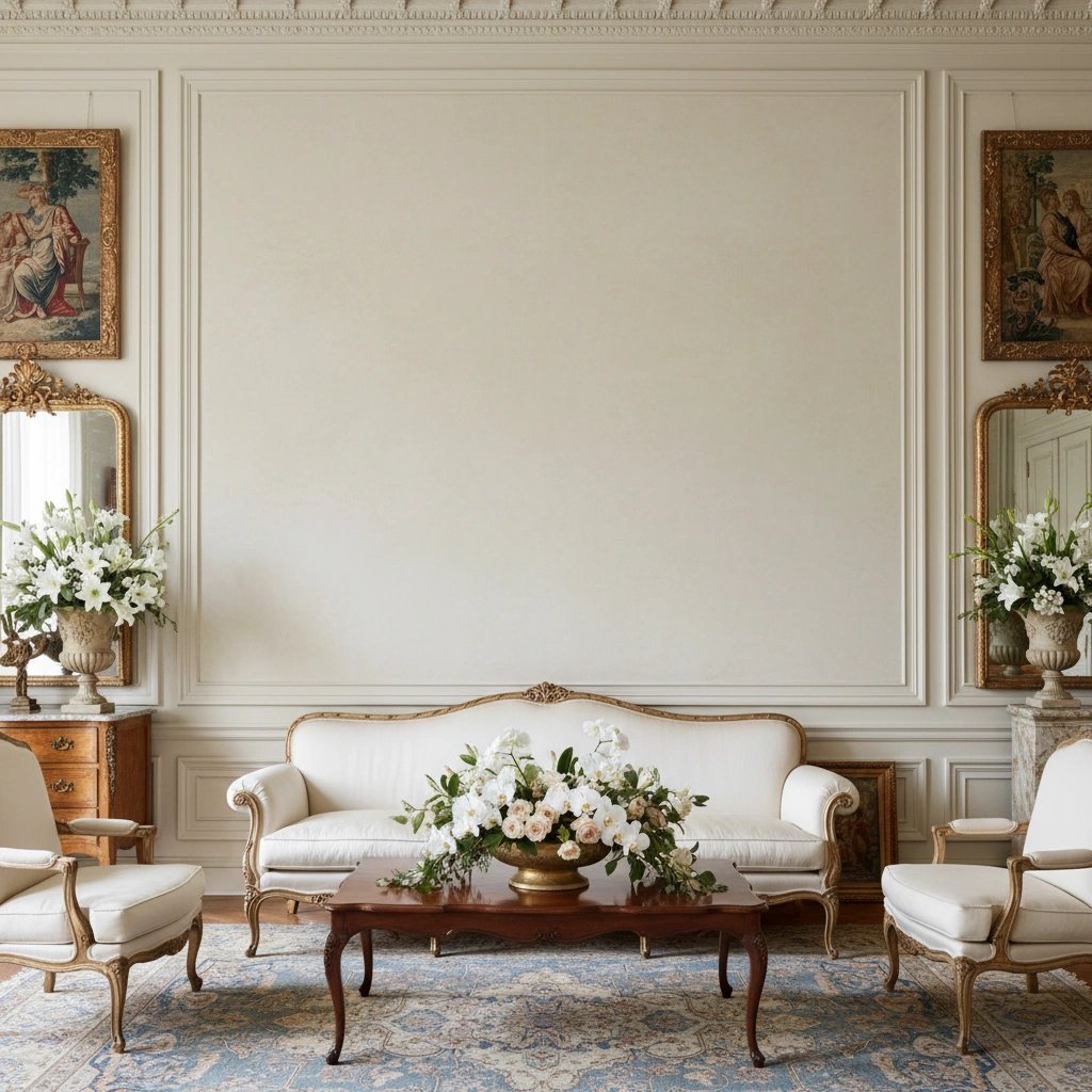 Wall art mockup: Grand living room with ornate mouldings and antiques, with a sofa and a coffee table