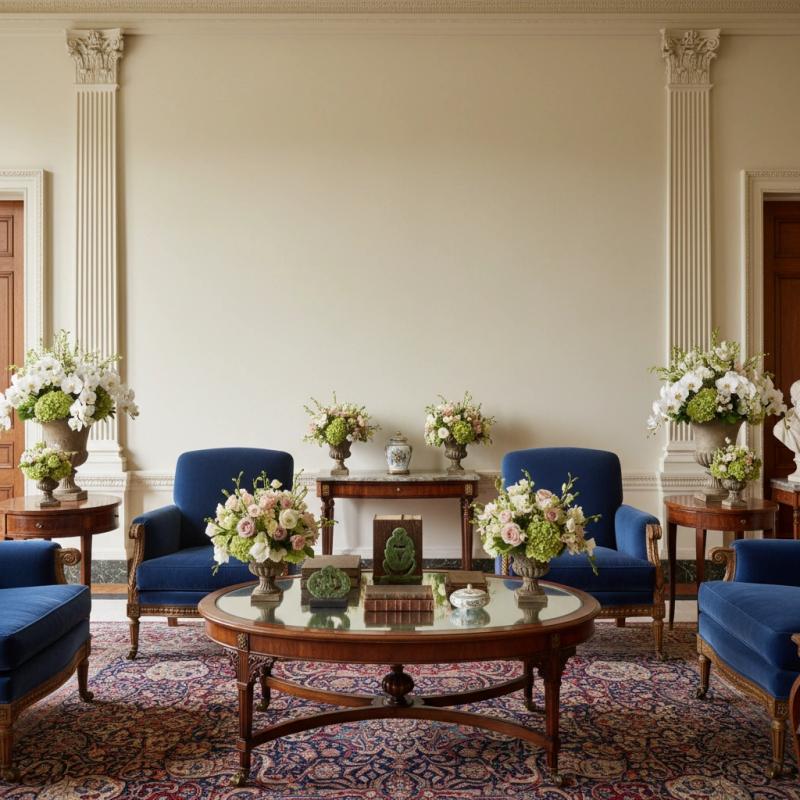 Grand living room with blue armchairs and a round coffee table