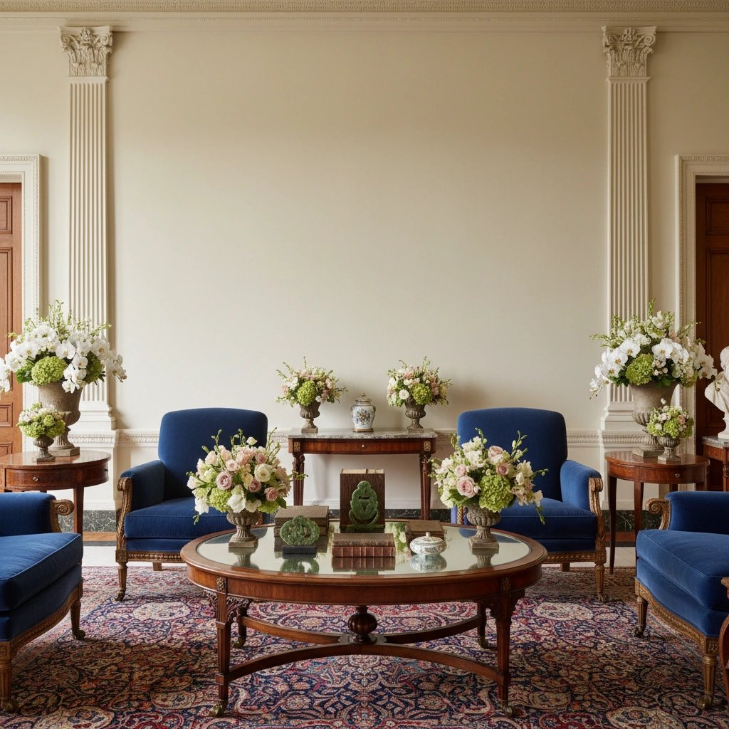 Wall art mockup: Grand living room with blue armchairs and a round coffee table
