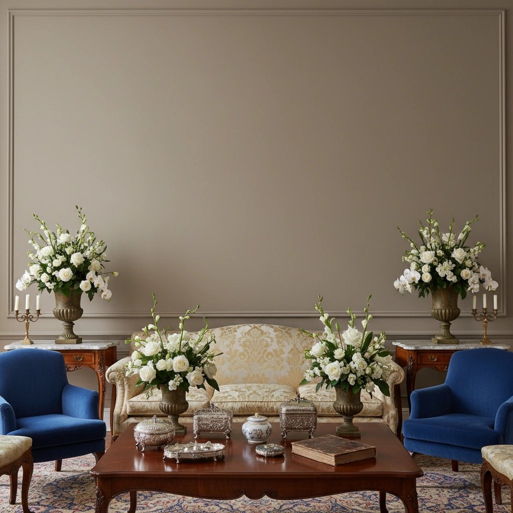 Wall art mockup: Grand living room with antique furniture and flower arrangements, with a sofa