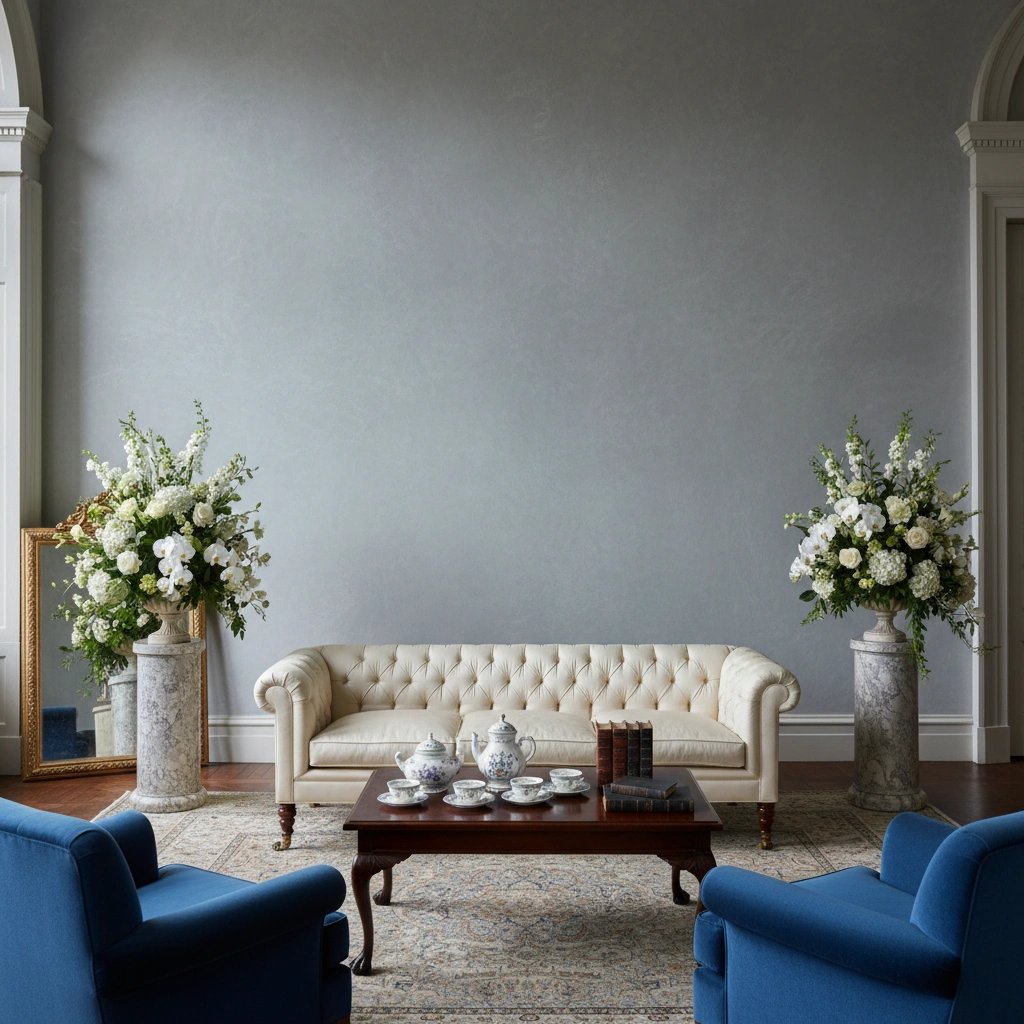 Wall art mockup: Grand living room with a tufted sofa and blue armchairs, with a sofa