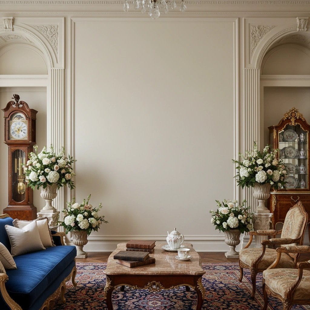 Wall art mockup: Grand living room with classical mouldings and antiques, with a sofa, a coffee table and a chandelier