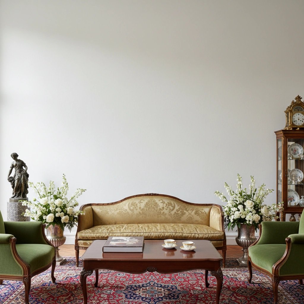 Wall art mockup: Grand living room with antique furniture and white walls, with a sofa and a coffee table