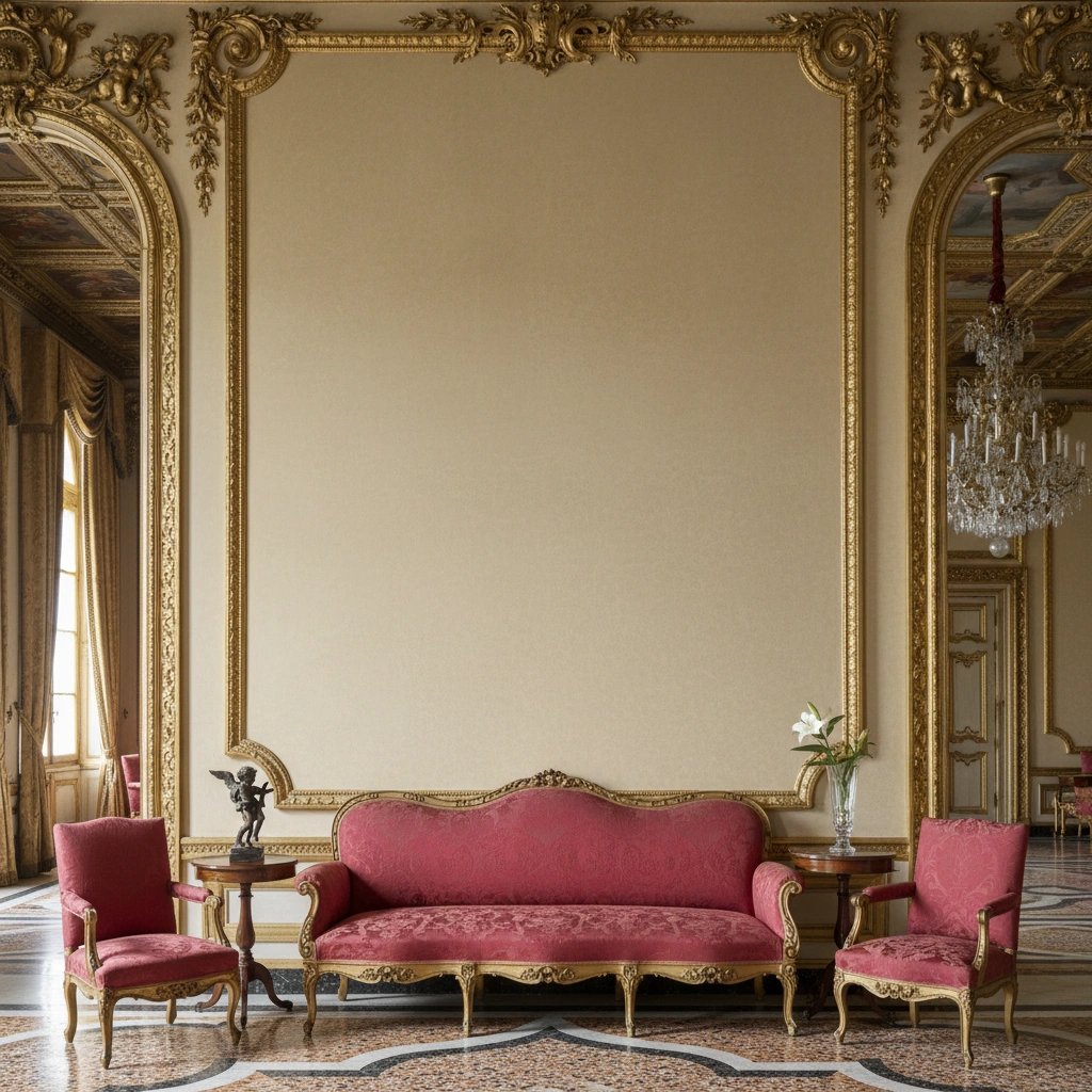 Wall art mockup: Grand room with ornate gold mouldings and red furniture, with a sofa