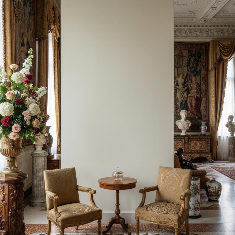 Grand hallway with antique chairs and a floral display