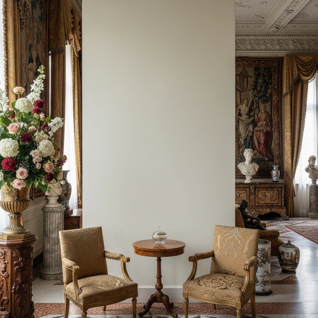 Wall art mockup: Grand hallway with antique chairs and a floral display, with a coffee table
