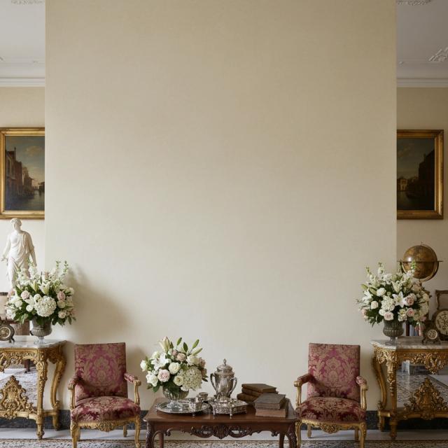 Grand living room with antique furniture and plain walls