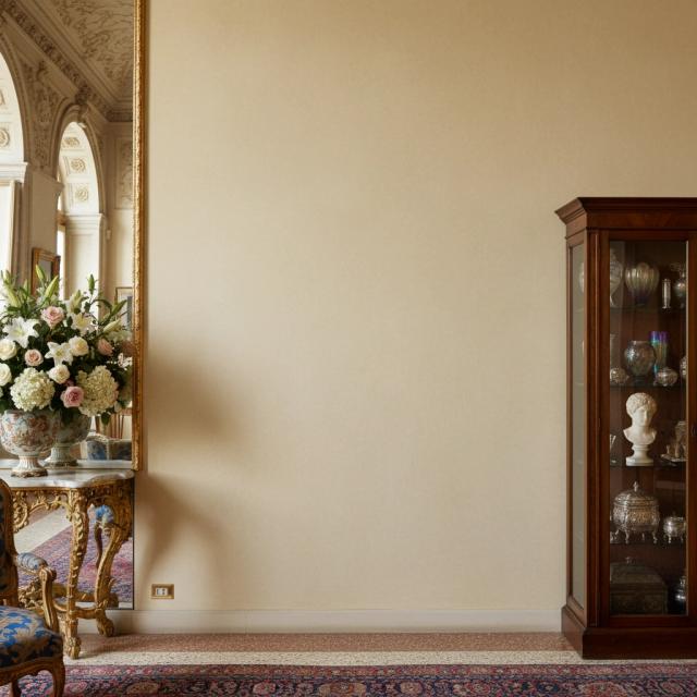 Grand room with an ornate mirror and display cabinet