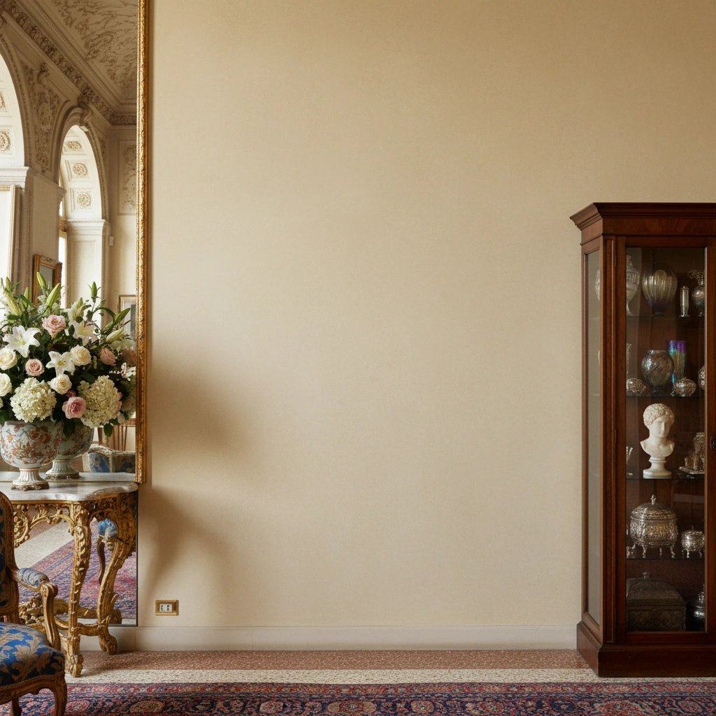 Grand room with an ornate mirror and display cabinet