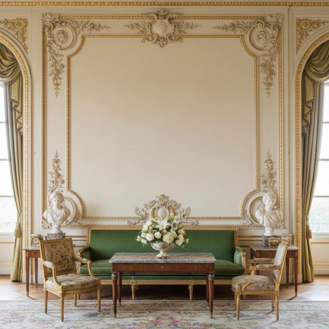 Grand salon with ornate mouldings and antique furniture